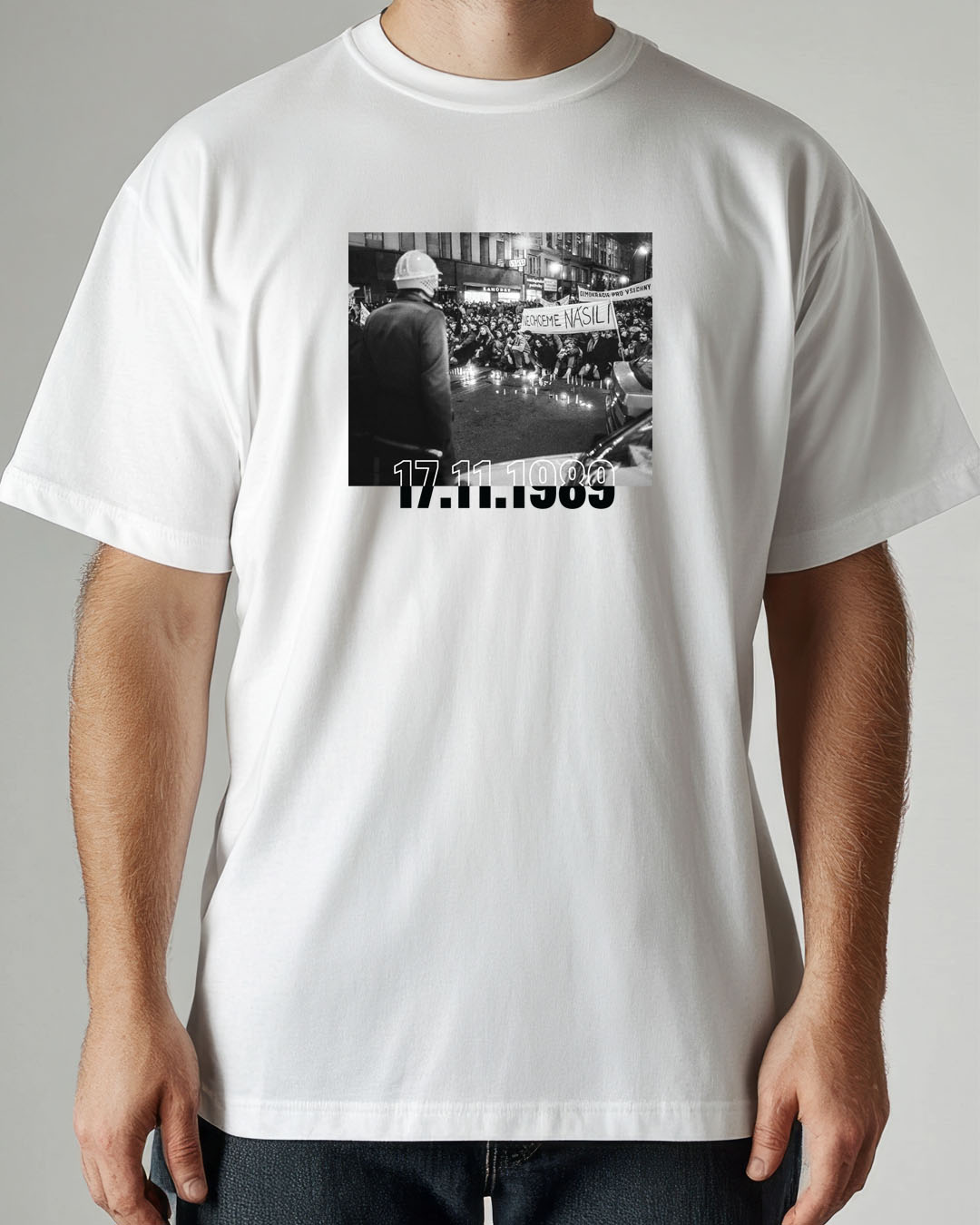 A man wears a plain beige t-shirt, front and back, for a t-shirt