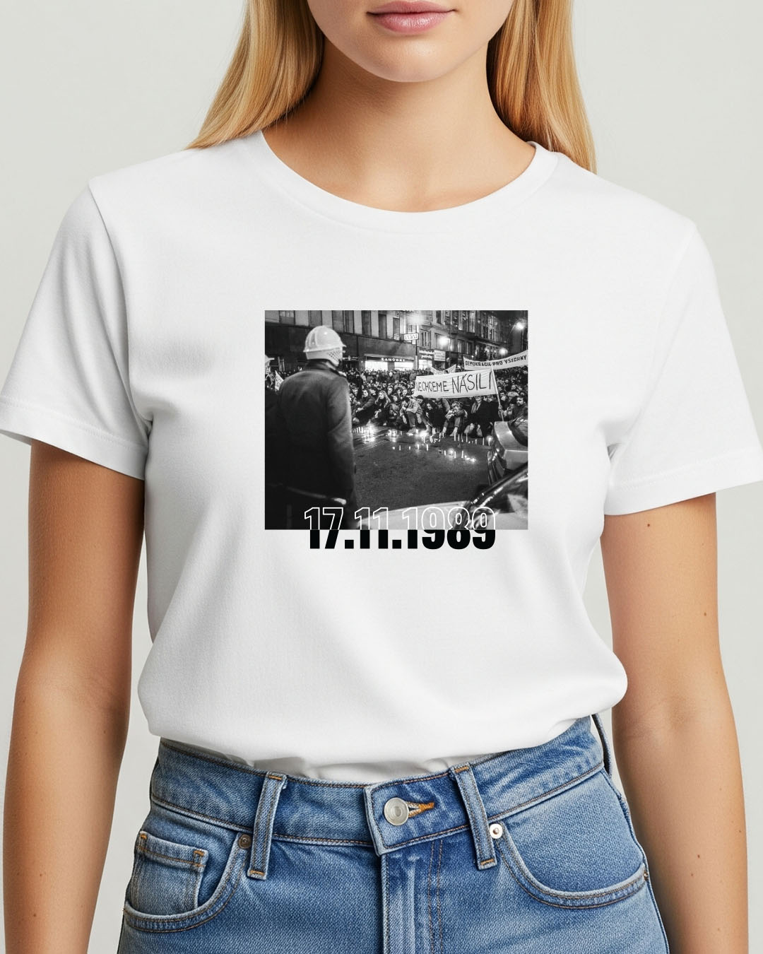 A man wears a plain beige t-shirt, front and back, for a t-shirt